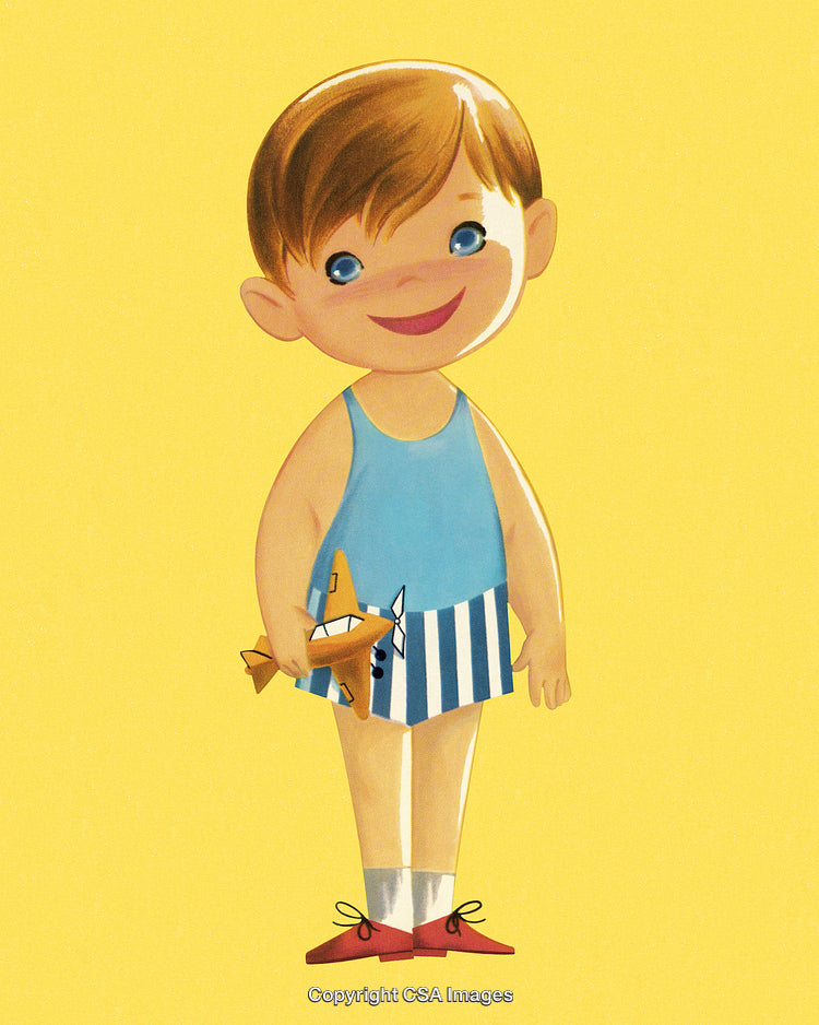Illustrated Cheerful Boy Holding Toy Plane on Yellow Background