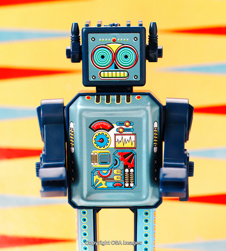 Retro Robot Toy Against Vibrant Striped Background