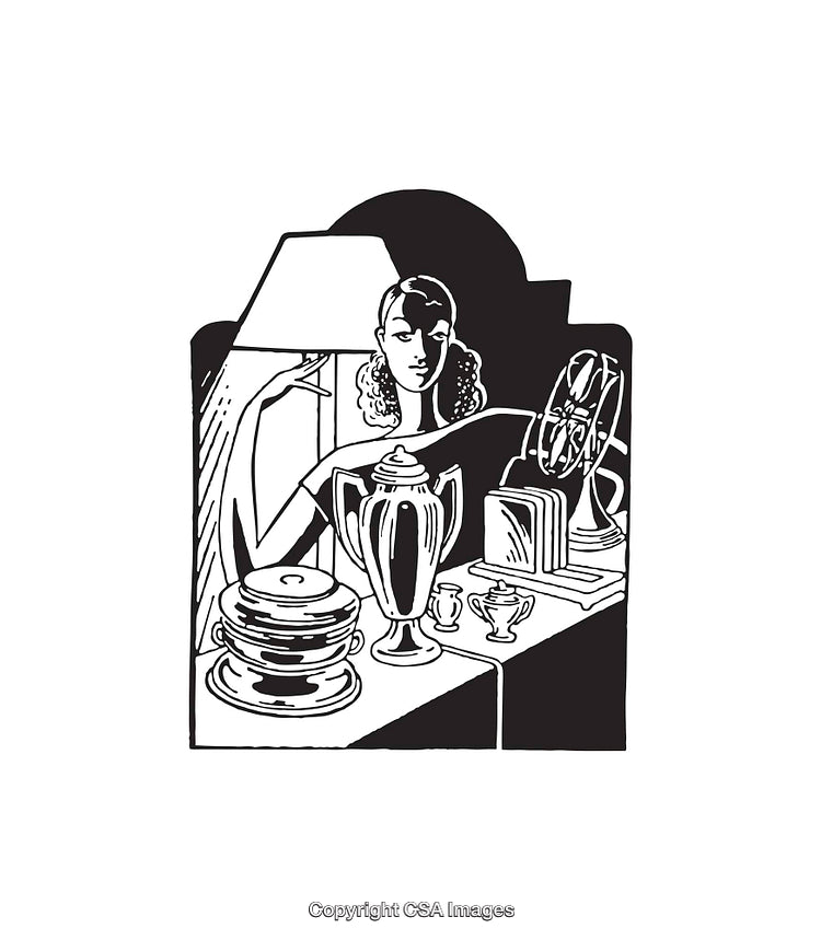 Black and White Line Art Illustration of a Table With Objects