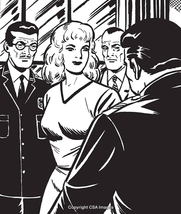 Vintage Style Illustration of a Suspenseful Scene Featuring Several Characters