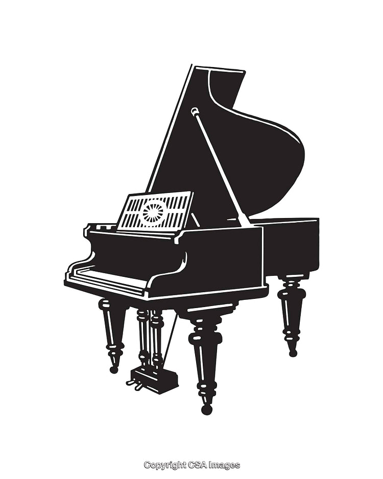 Black and White Line Art of a Grand Piano with Elegant Detailing