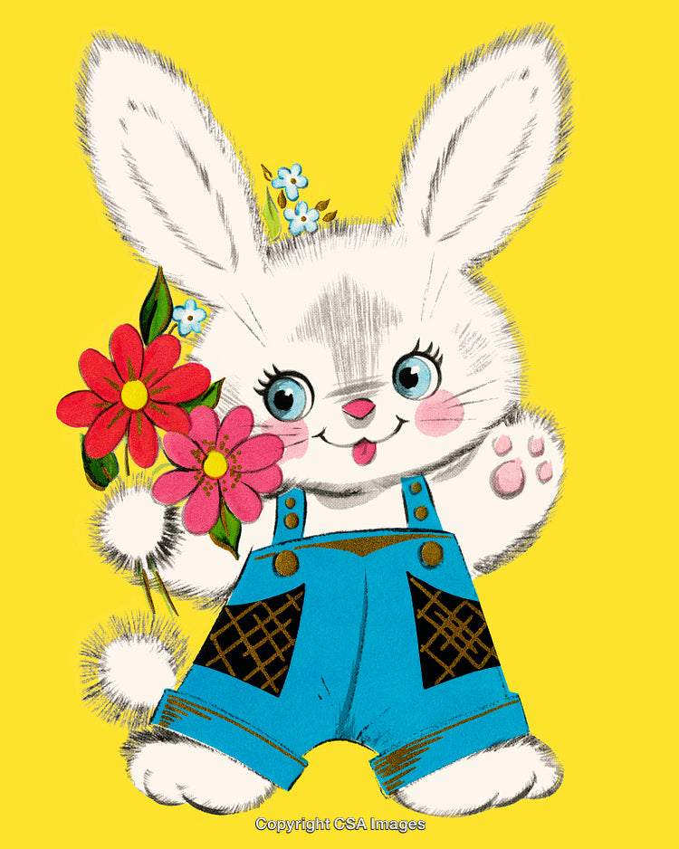 Cute Bunny Holding Flowers in Overalls Against Yellow Background