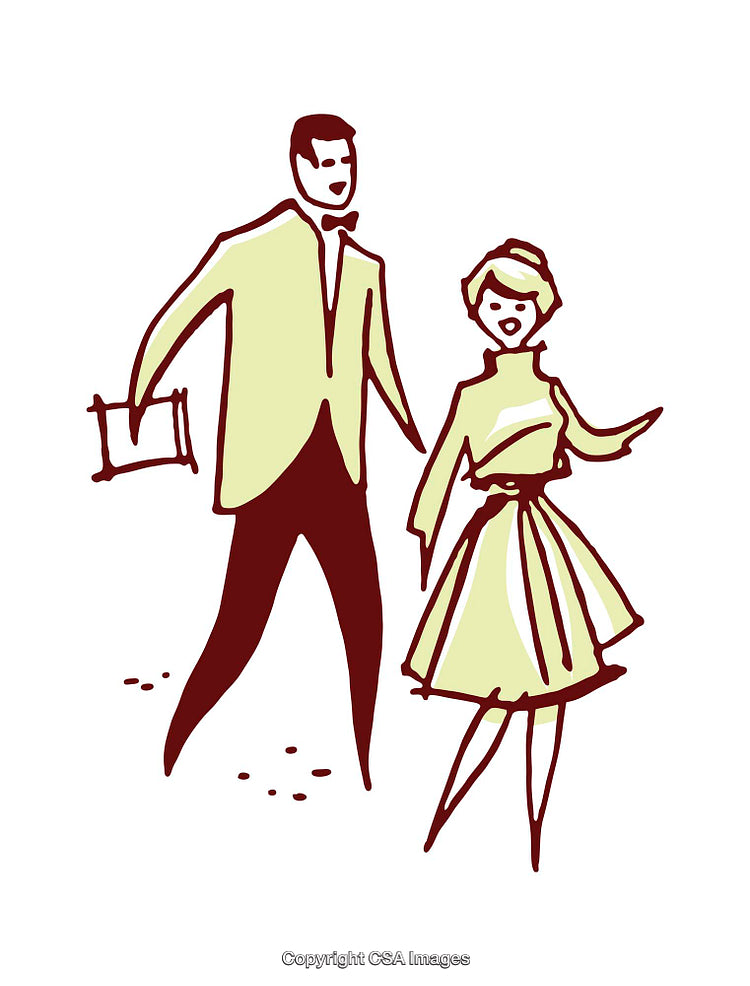 Stylized Illustration of Elegantly Dressed Couple in Vintage Style Design