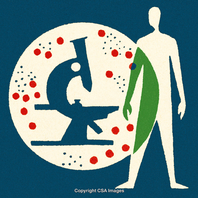 Scientific Illustration of Microscope, Human Silhouette, and Cells in Circle
