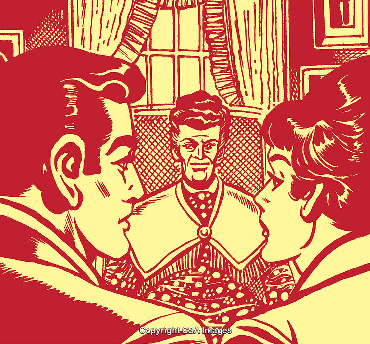 Vintage Comic Style Depiction of Three Characters in a Retro Setting