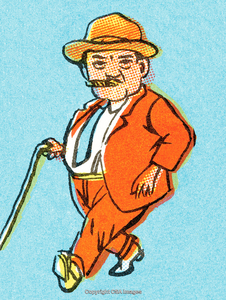 Vintage Illustration of a Man Walking With a Cane in Bright Clothing