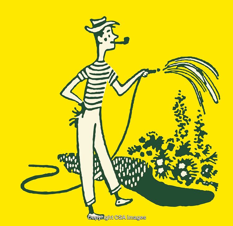 Whimsical Illustration of Gardener Watering Plants on a Bright Yellow Background