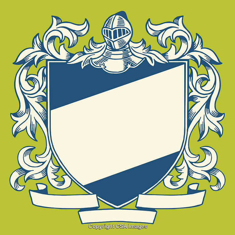 Elegant Blue and White Heraldic Shield with Floral Accents on Green Background