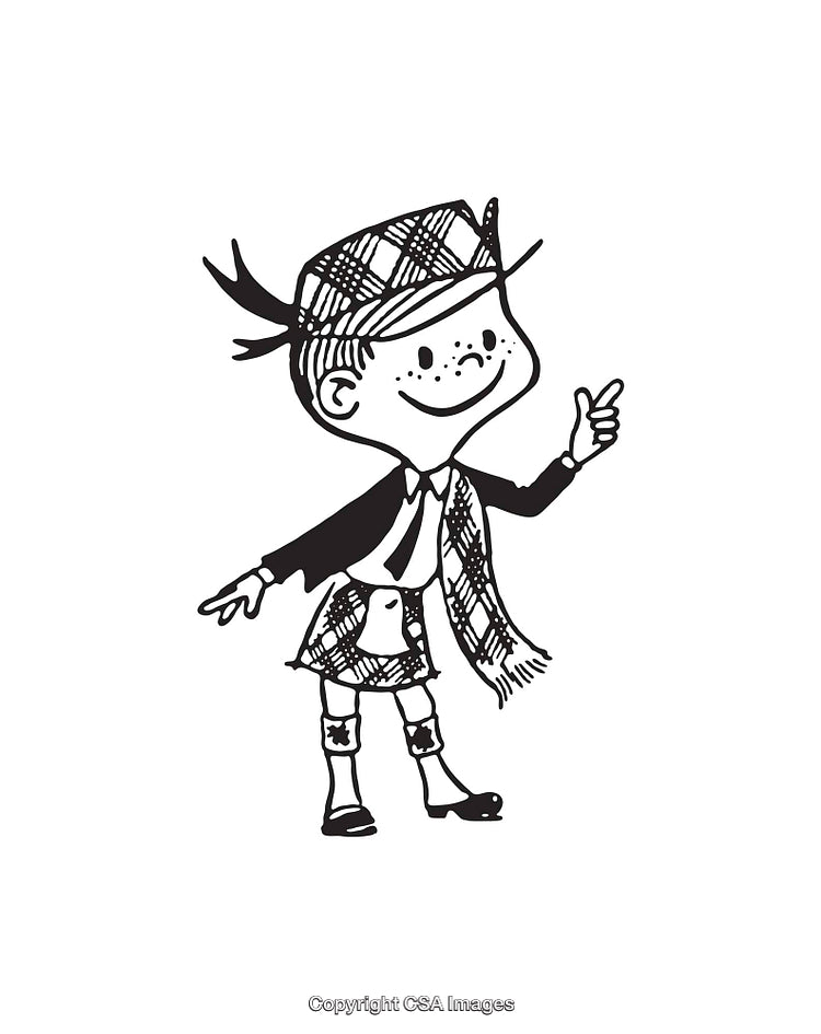Playful Child in Scottish Attire Black and White Illustration