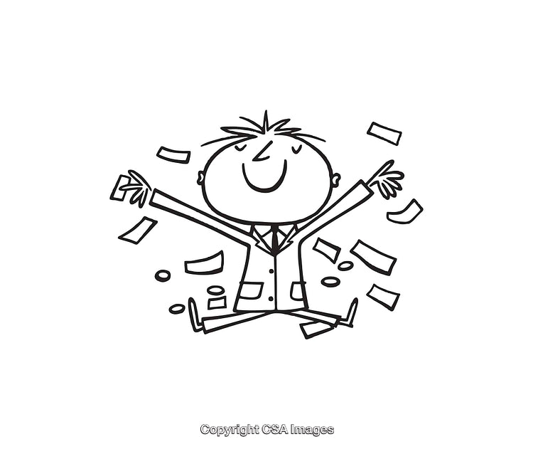 Happy Businessman Surrounded by Money in a Playful Line Art Style