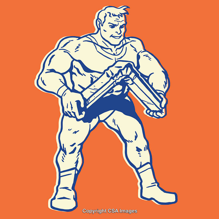 Illustration of a Strong Man Holding Equipment on an Orange Background