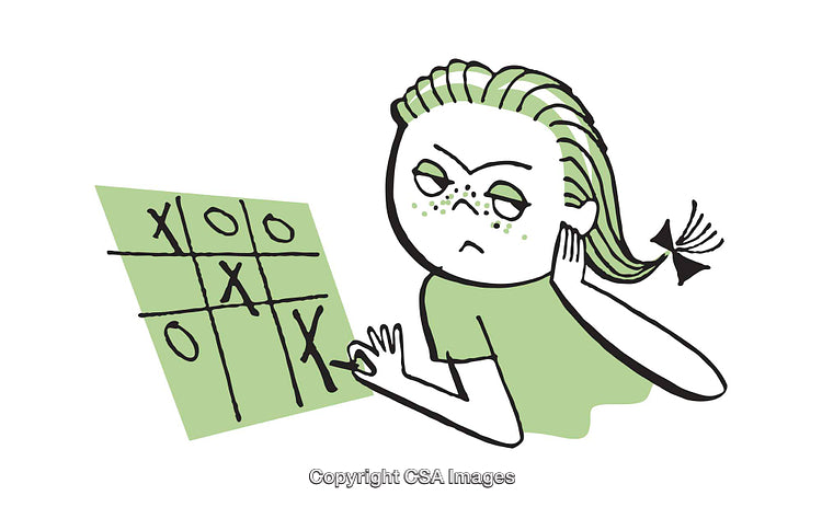 Illustration of a Character Playing Tic-Tac-Toe Game with Focused Expression