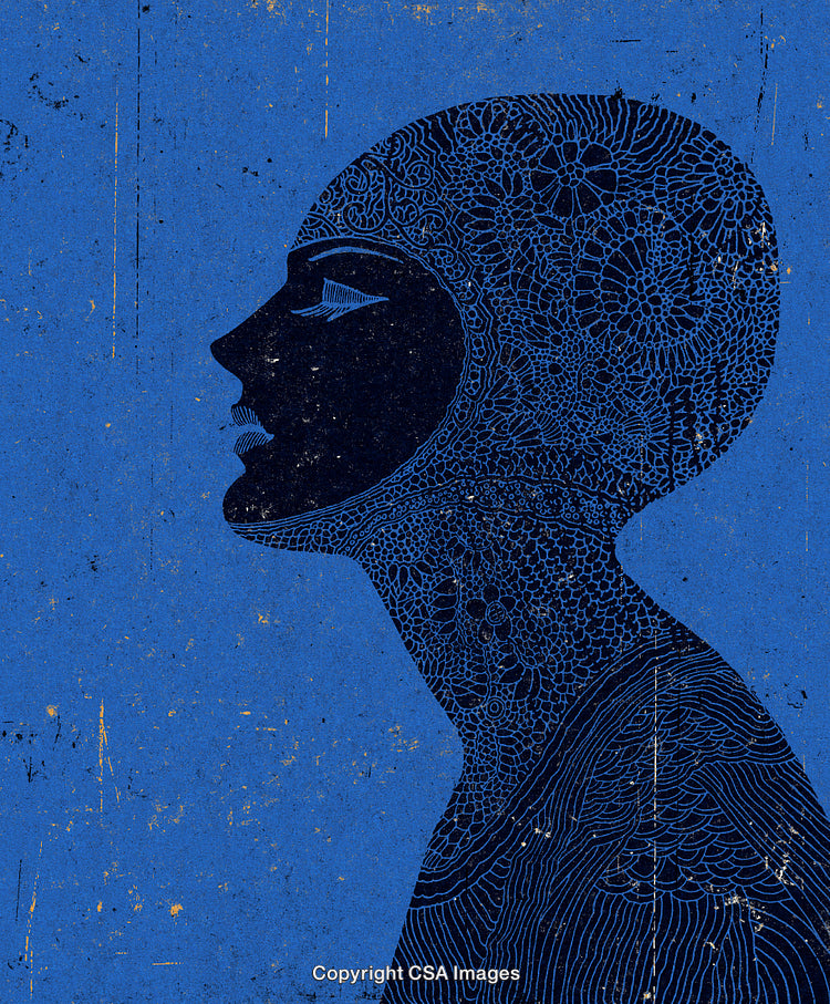 Intricate Line Art Depicting a Silhouetted Woman on a Textured Blue Background