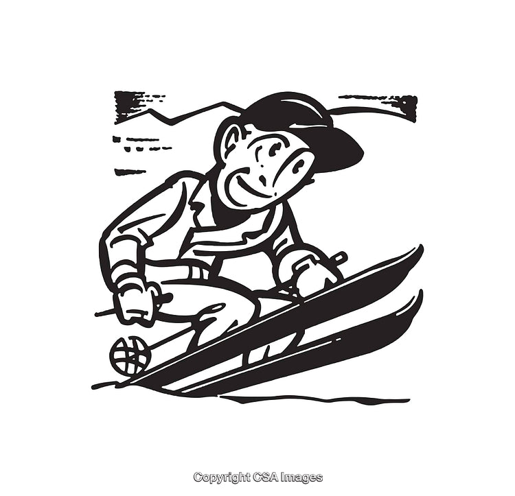Retro Style Black And White Illustration of a Skier in Action