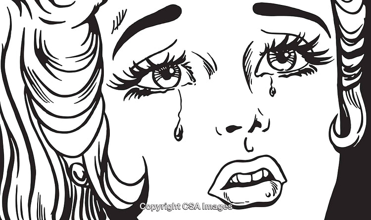 Pop Art Style Illustration of a Woman Crying in Black and White