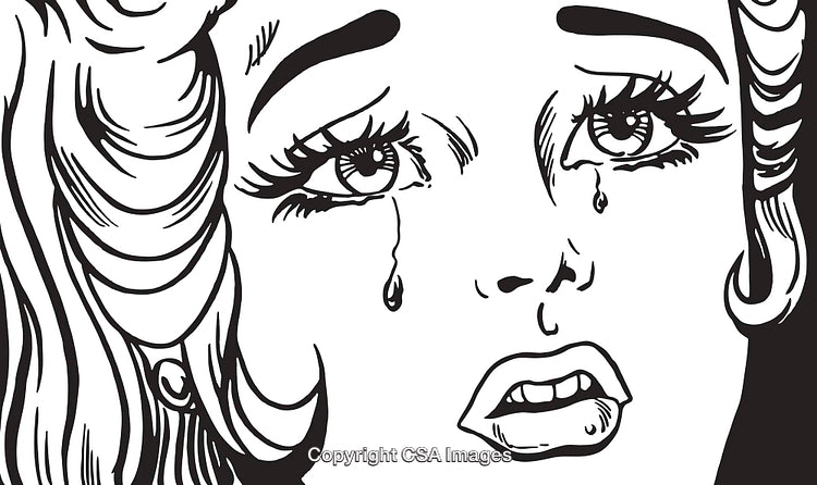 Pop Art Style Illustration of a Woman Crying in Black and White