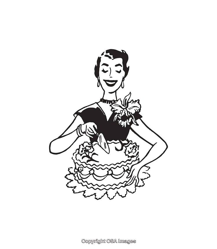 Vintage Illustration of a Woman Cutting a Decorative Cake with Elegance