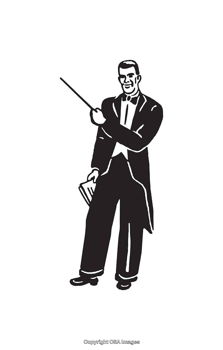 Black and White Line Art Illustration of a Conductor with Baton