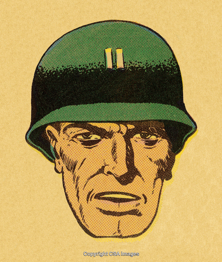 Vintage Comic Style Soldier Illustration With Military Helmet on Textured Background