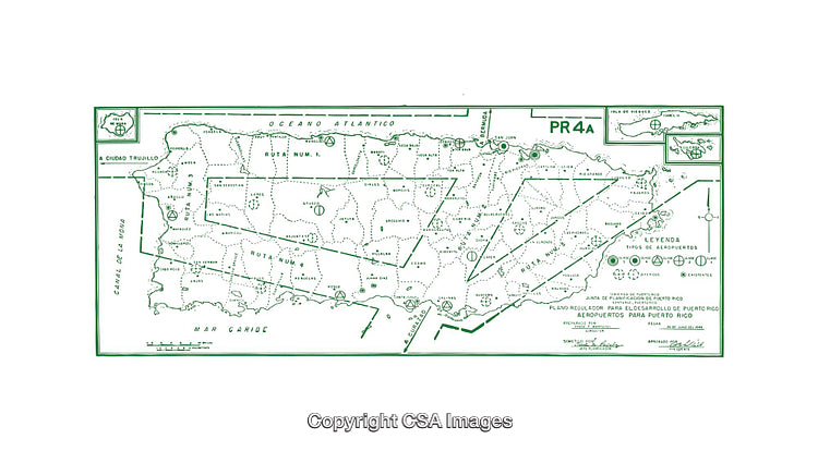 Vintage Diagram Map Highlighting Airports in Puerto Rico