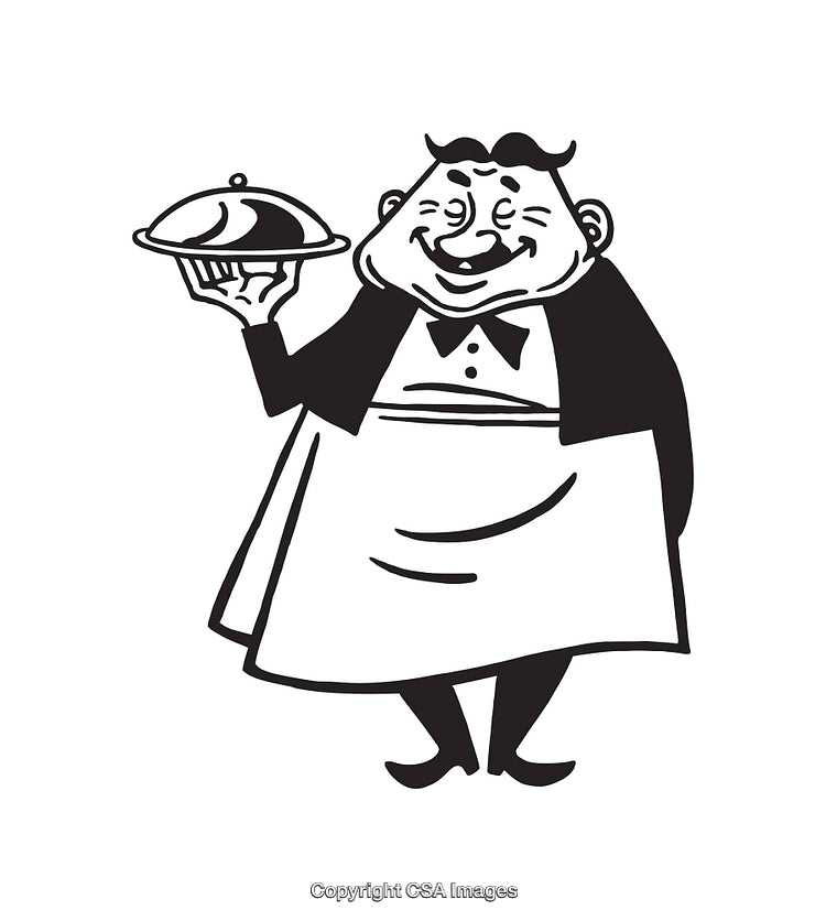 Smiling Chef Illustration Holding Covered Dish in Black and White Line Art