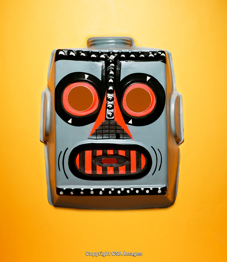 Colorful Robot Mask With Abstract Design on Yellow Background