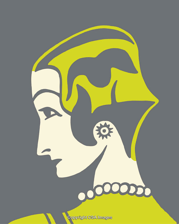 Stylized Color Line Art of a Woman Wearing Pearl Jewelry