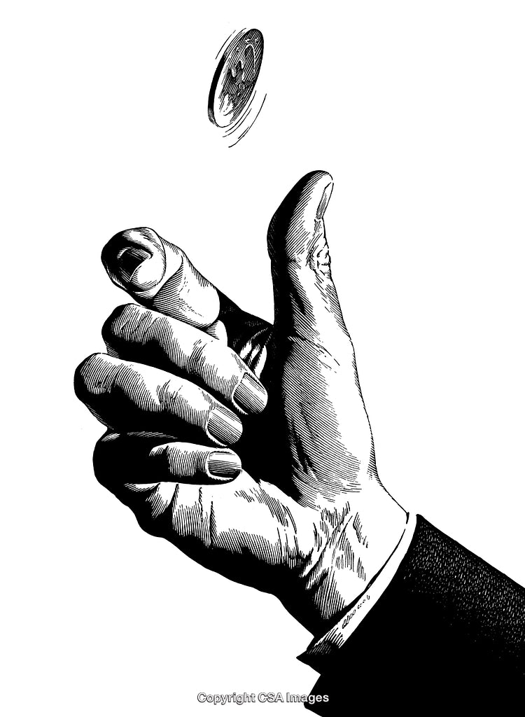 Black and White Engraving of Hand Flipping a Coin Mid-Air