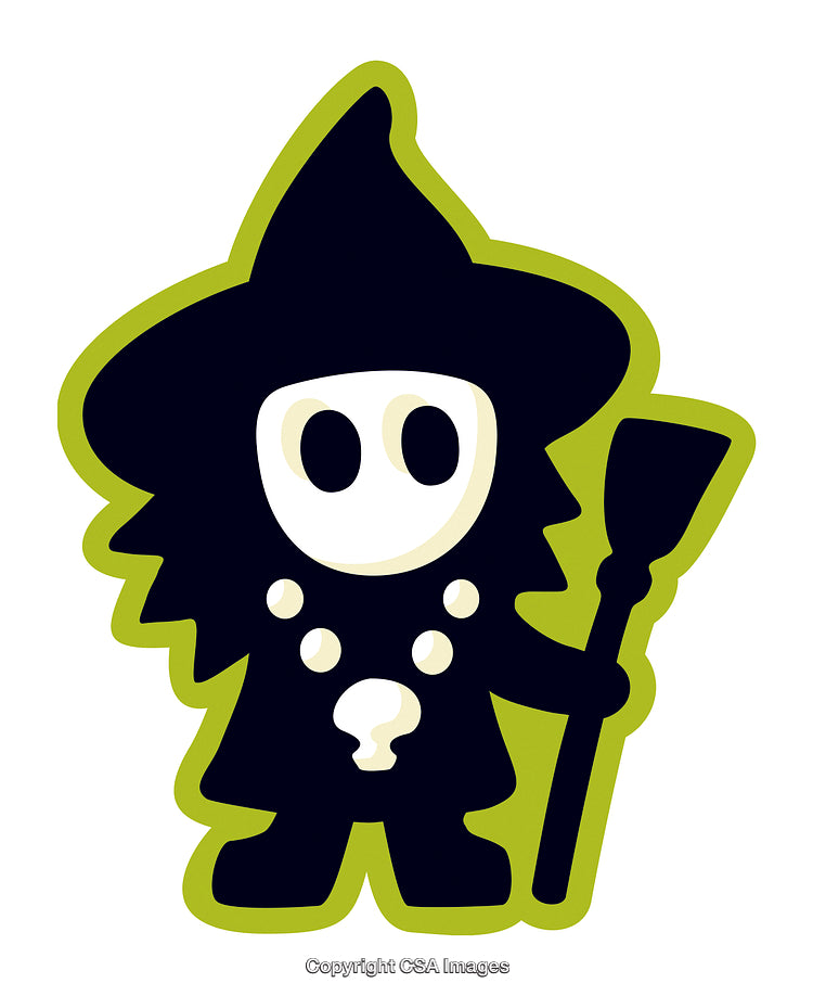 Cartoon Styled Witch Holding Broom with Bright Green Outline