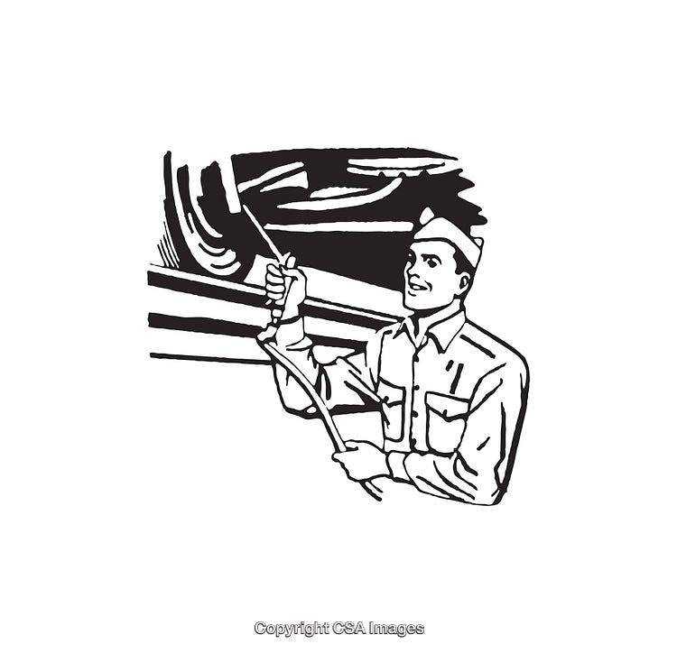 Black and White Worker with a Hose Line Art Graphic Illustration