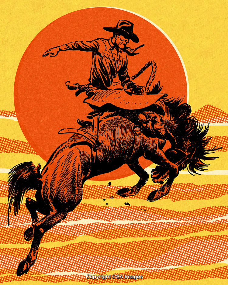 Dynamic Illustration of a Rodeo Cowboy Riding a Wild Bucking Horse