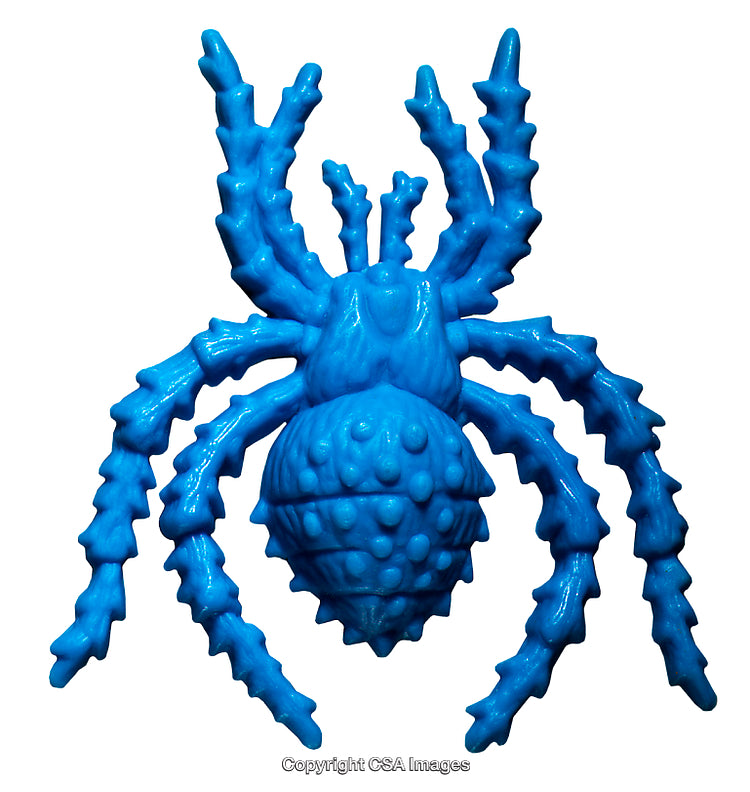 Blue Plastic Spider Figure with Textured Legs and Body on White Background