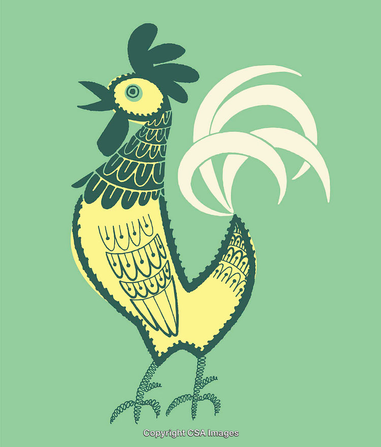 Colorful Line Art Illustration of a Rooster on a Green Background