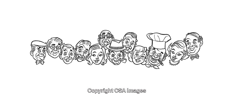 Black and White Line Art Illustration of Diverse Faces Expressing Various Emotions
