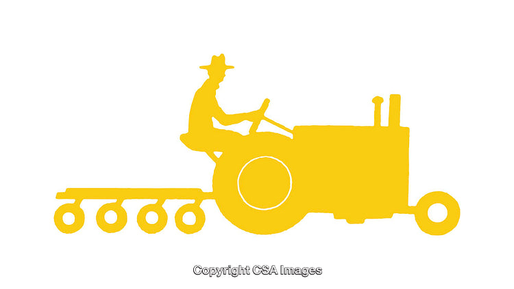 Yellow Farmer Icon with Tractor Implements in Minimalist Silhouette