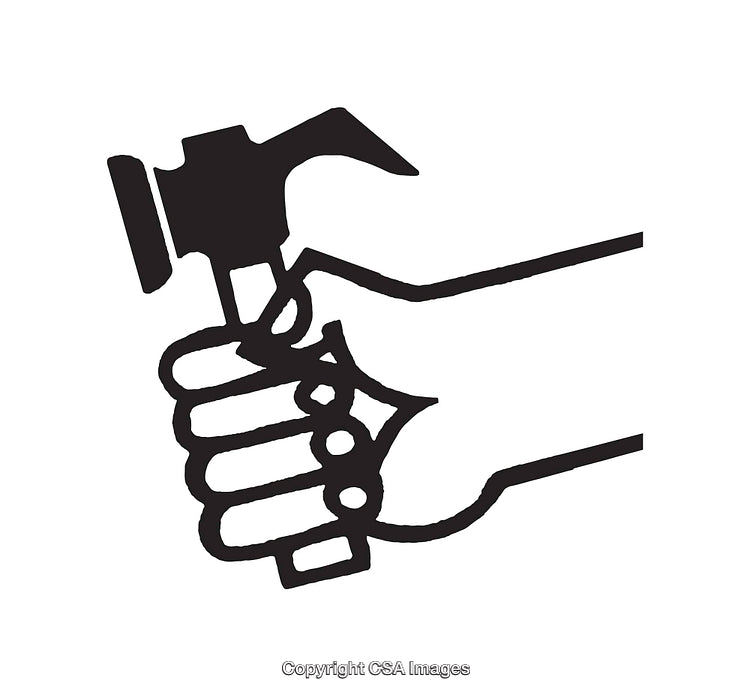 Black and White Line Art of a Hand Holding Hammer
