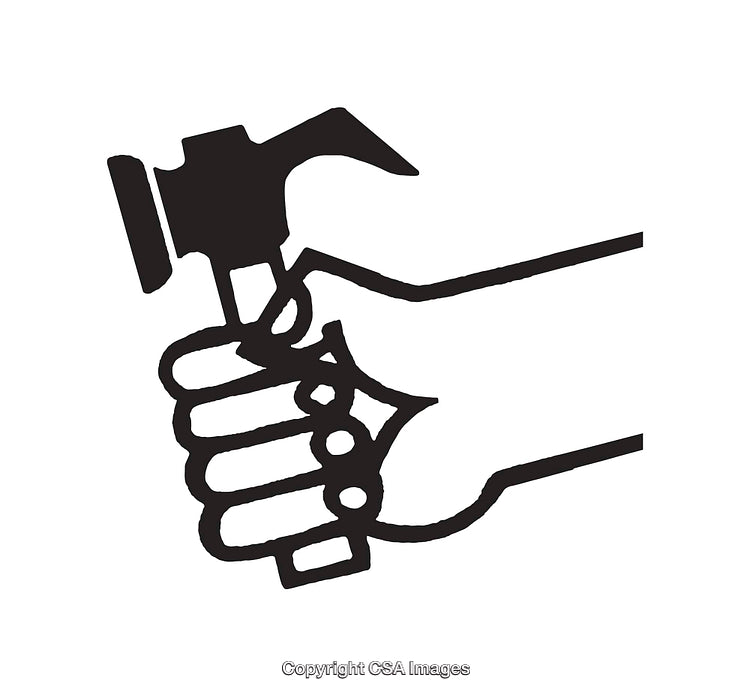 Black and White Line Art of a Hand Holding Hammer