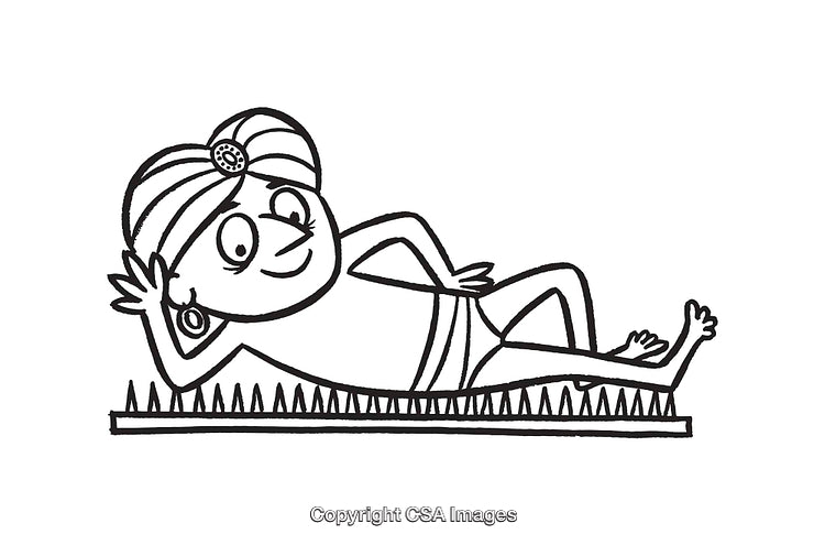 Cartoon Illustration of a Fakir Relaxing on a Bed of Nails