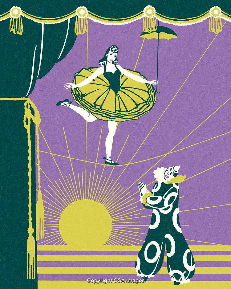 Colorful Circus Scene Featuring Tightrope Dancer and Cheerful Clown Illustration