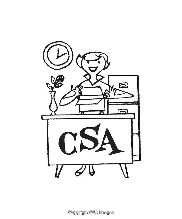 Black and White Illustration of an Office Desk with CSA Logo