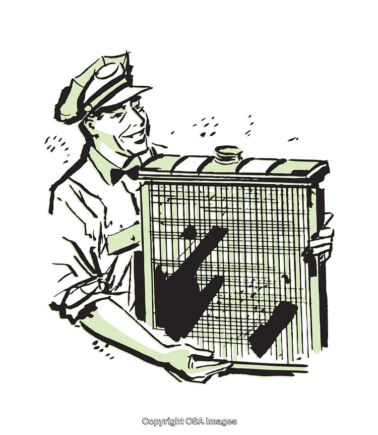 Retro Illustration of Smiling Man Holding a Radiator or Metal Grate