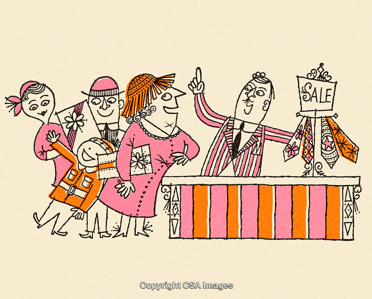 Whimsical Cartoon Depicting Shopping Excitement and Interaction at a Sale Stand