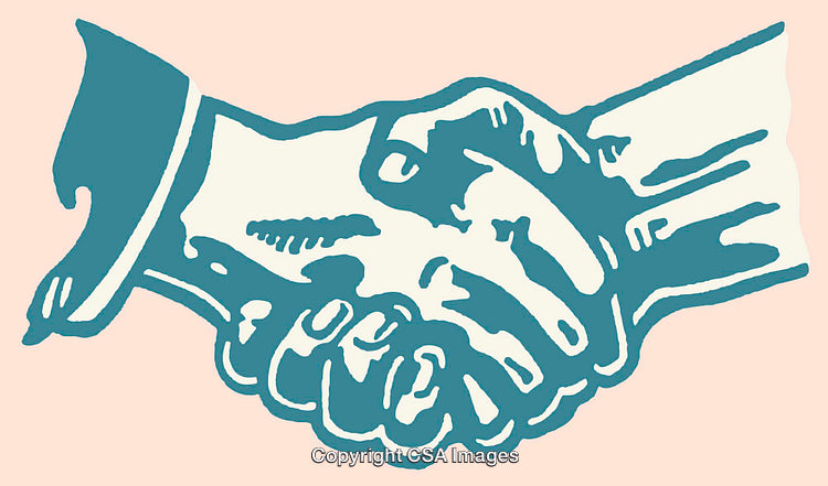 Vintage Style Handshake Line Art Illustration with Bold Blue and Pink Colors