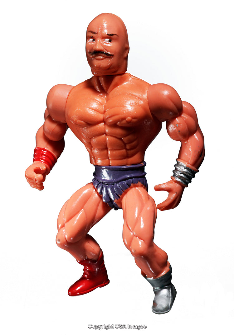 Vintage Action Figure with Mustache Posing in Heroic Stance