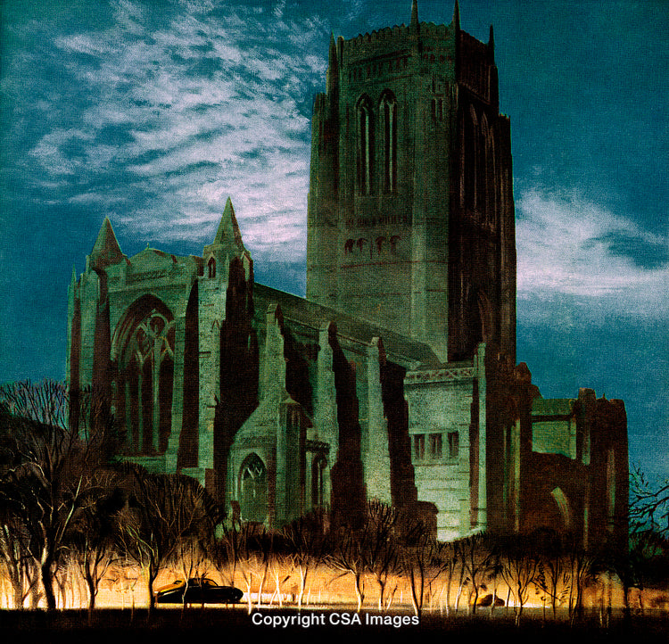 Gothic Cathedral at Night with Illuminated Archway and Dramatic Sky