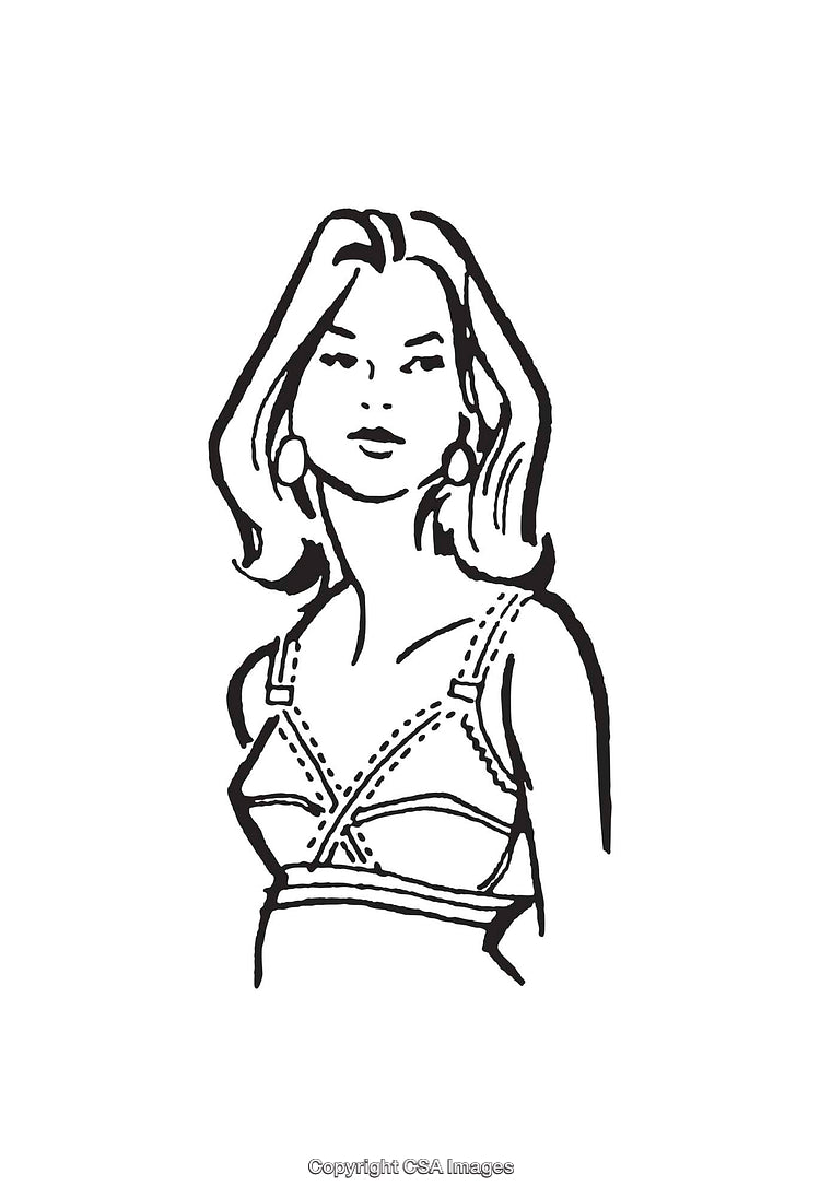 Black and White Illustration of a Stylish Woman in a Lined Outfit
