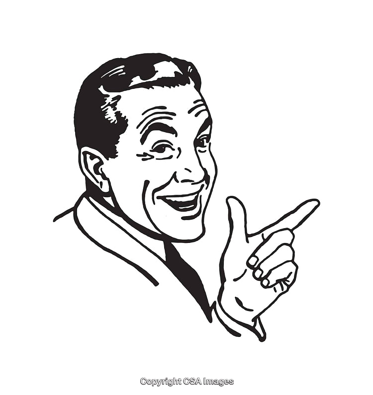 Vintage Black and White Line Art of Smiling Man Pointing