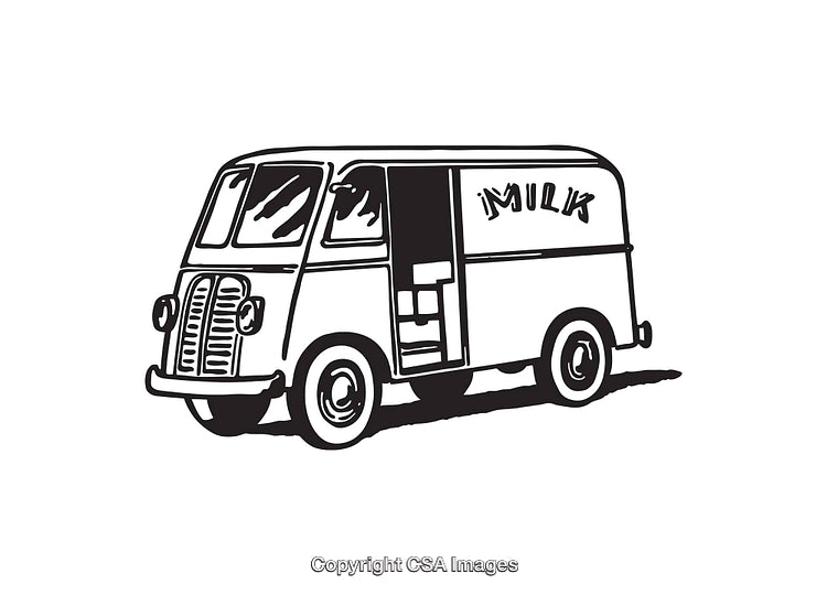 Vintage Milk Delivery Truck Illustration in Black and White Line Art Style