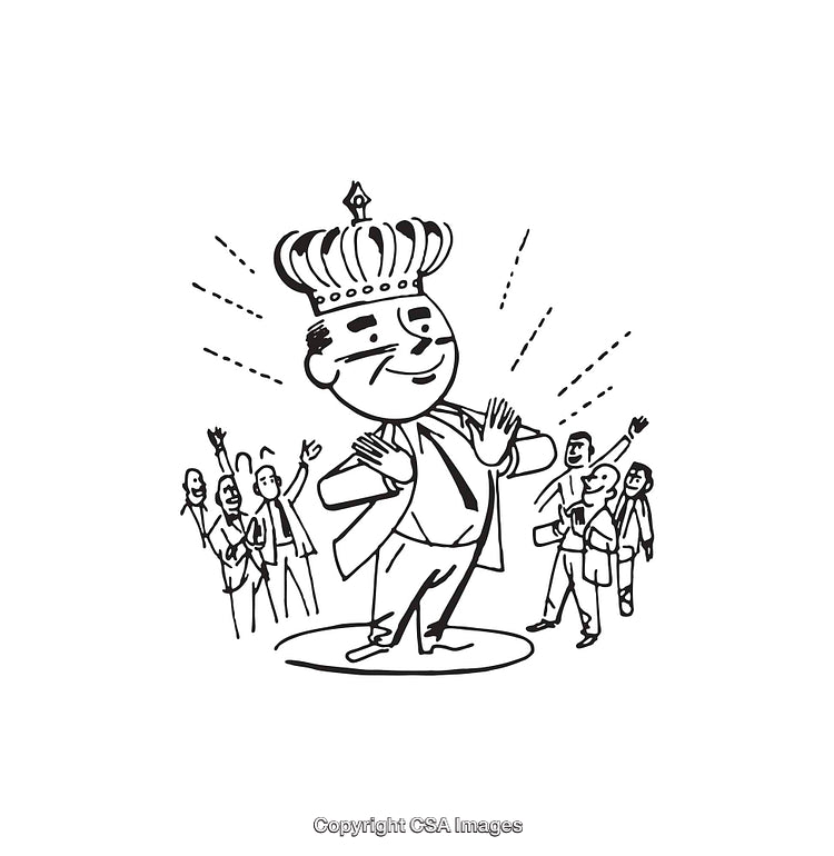 Black and White Line Art of Crowned Leader with Supportive Crowd