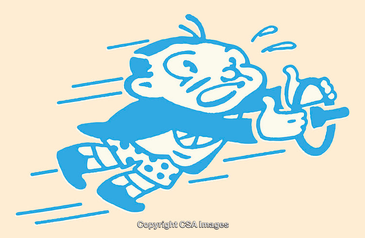 Playful Blue Illustration of a Running Character Holding a Banana
